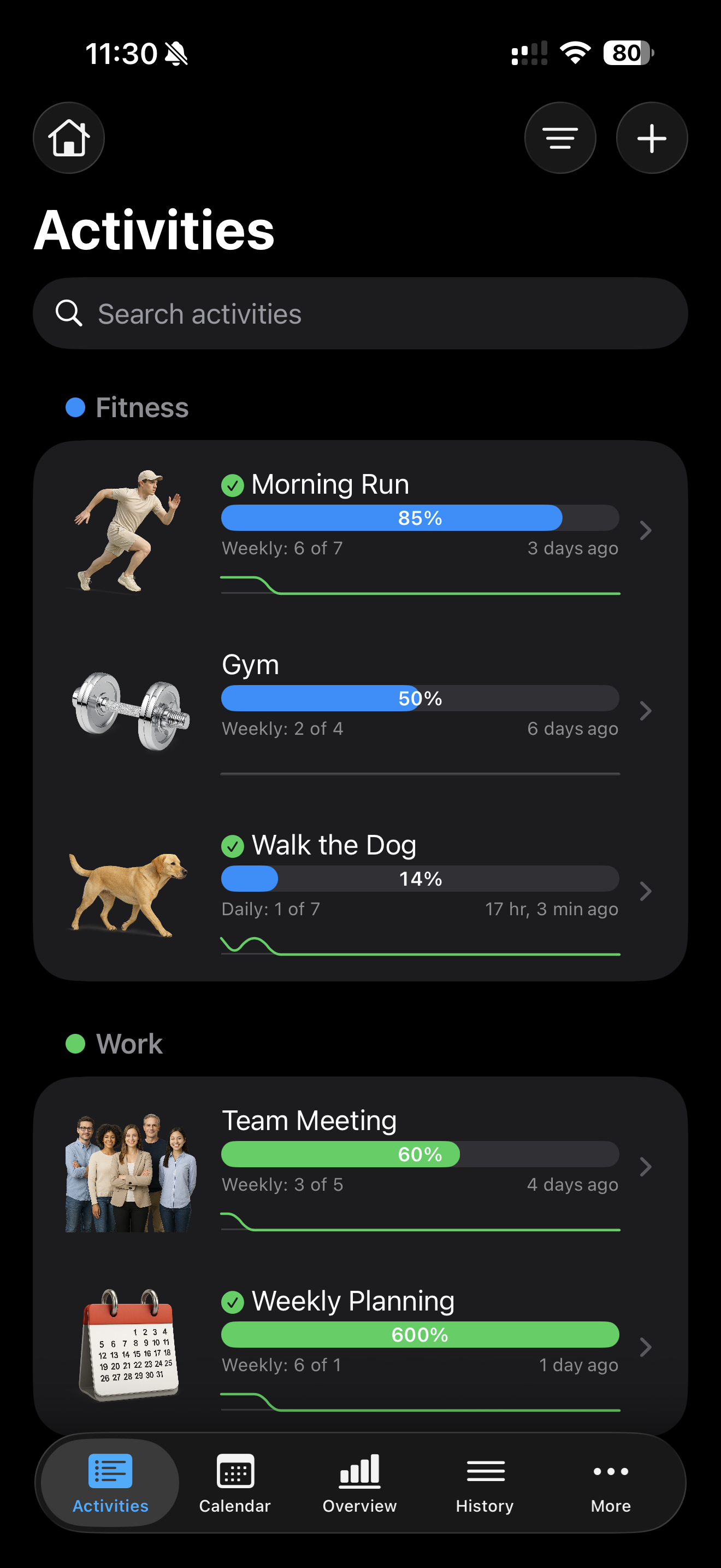 Activities grouped by category, with realistic icons, goal progress, and monthly history charts