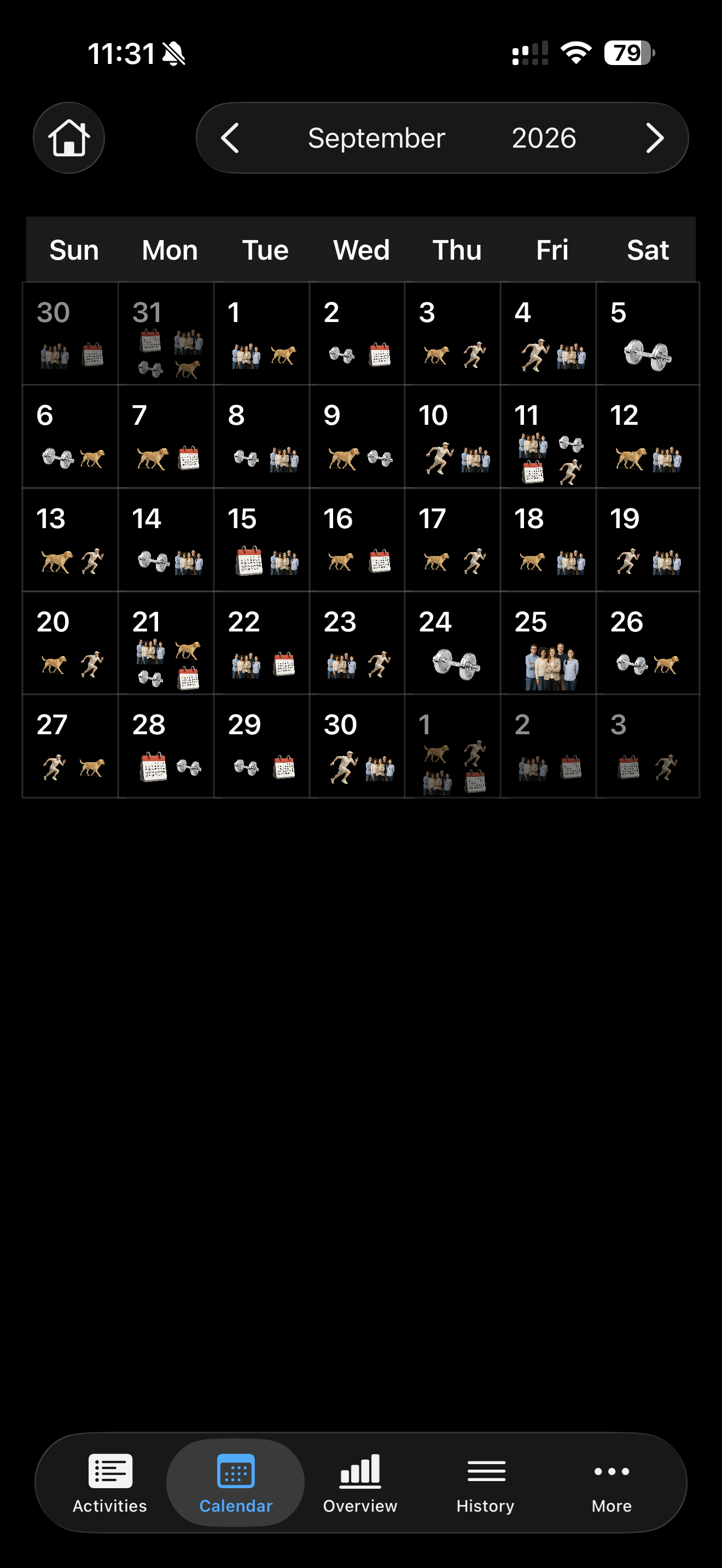 September calendar showing completed activities as icons on each day
