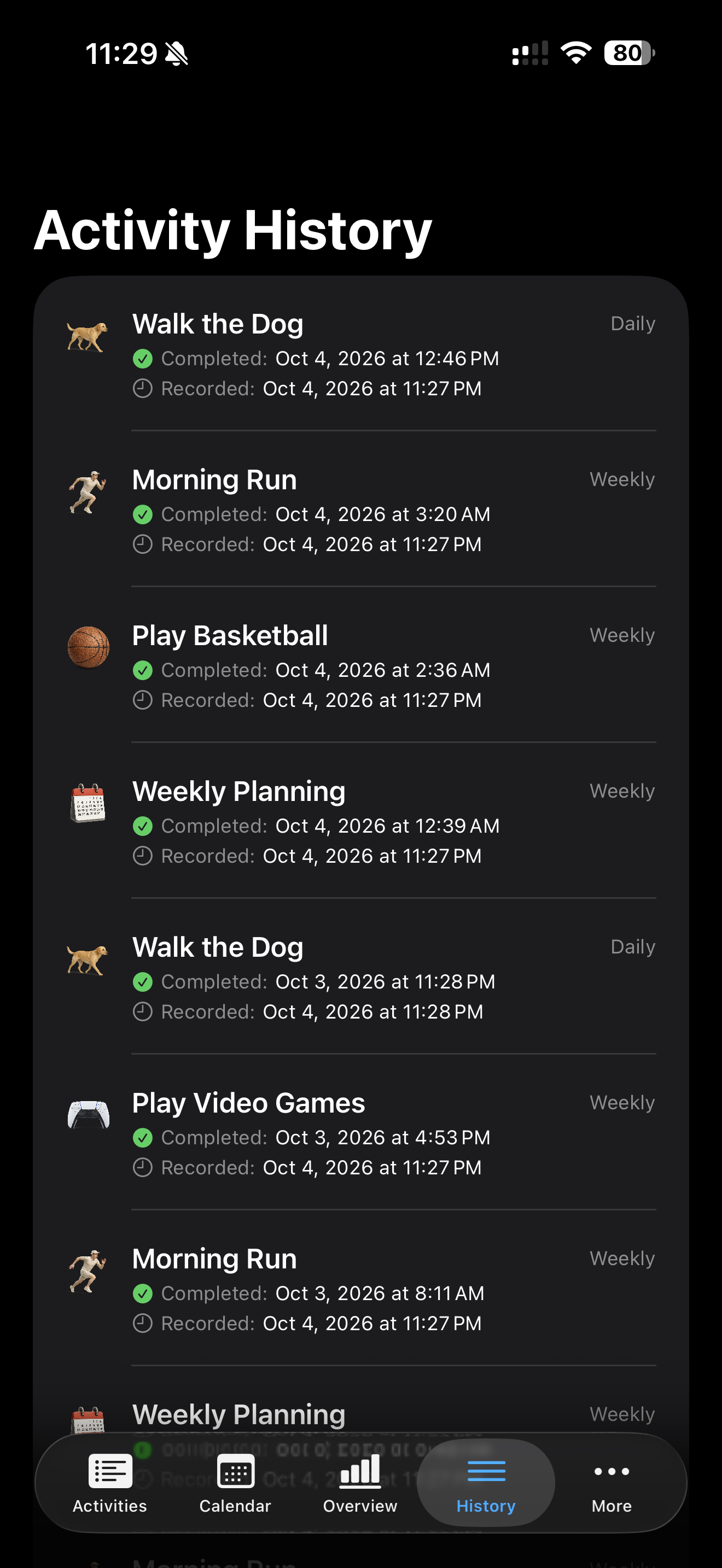 Activity history listing completion and recording dates for each entry