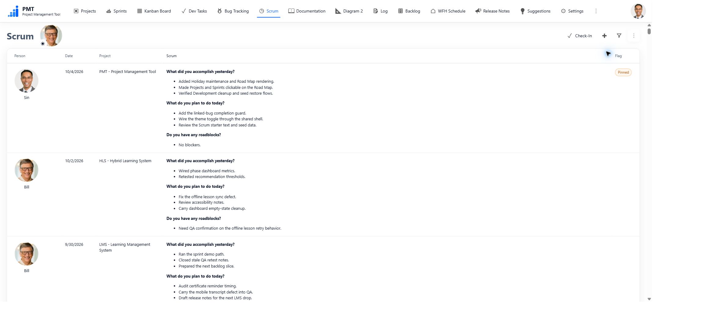 PMT Scrum updates and attendance controls