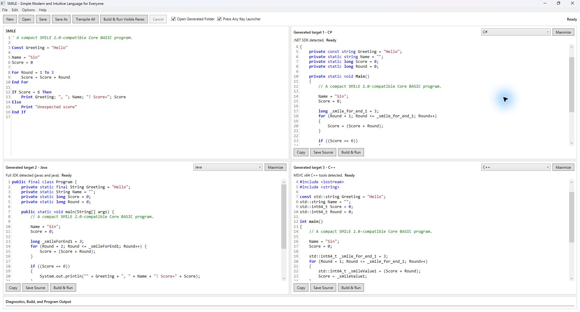 SMILE Desktop showing the same source alongside generated C#, Java, and C++ code.
