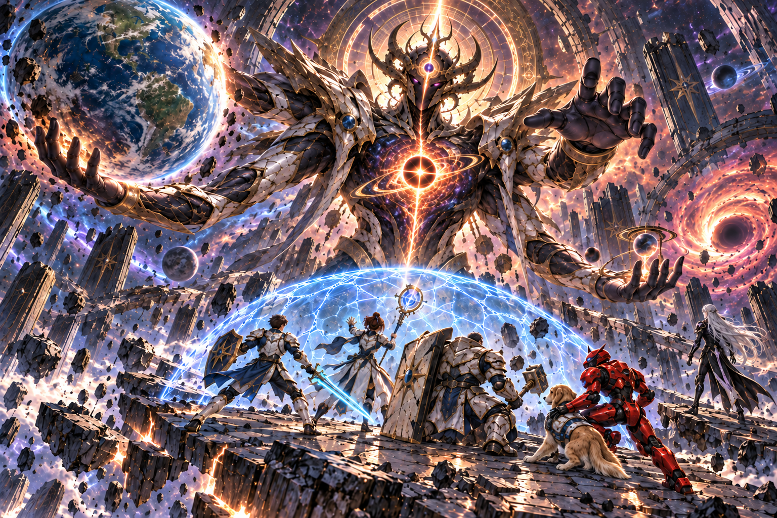Sin Star I storyboard art of Aevos wielding a planet while Mira shields the party
