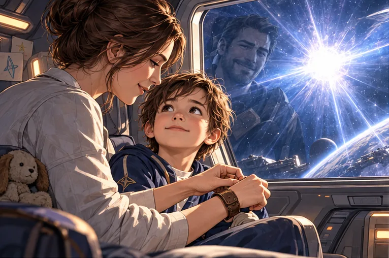Young Arin watches his mother fasten his wrist strap; his father is reflected in the spacecraft window beside a white flash.