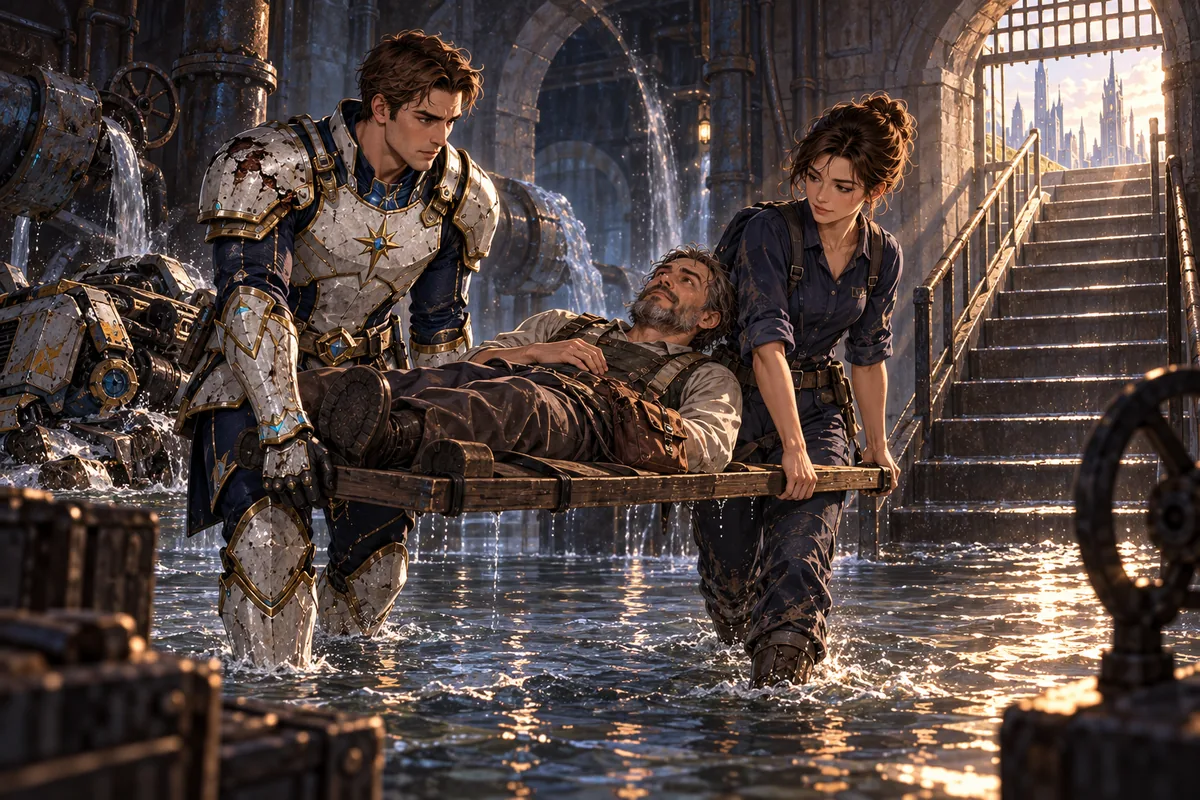 Arin and Mira carry an injured surveyor on a maintenance panel through the flooded waterworks.