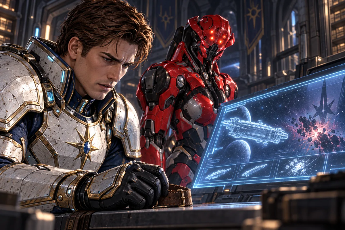 Arin studies the image of his parents’ ship on a combat-record display, with Zara beside him.