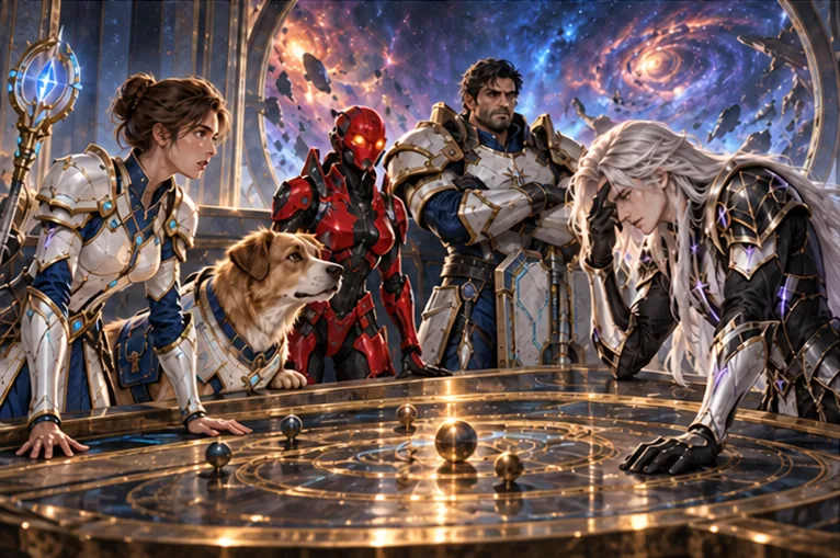Kael bows his head over the Second Dawn model while Mira, Zara, Milo and Orin consider its cost.