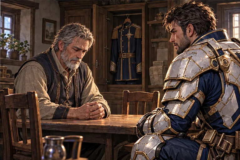 Orin and his father sit across a wooden table; his father’s military coat hangs behind them.