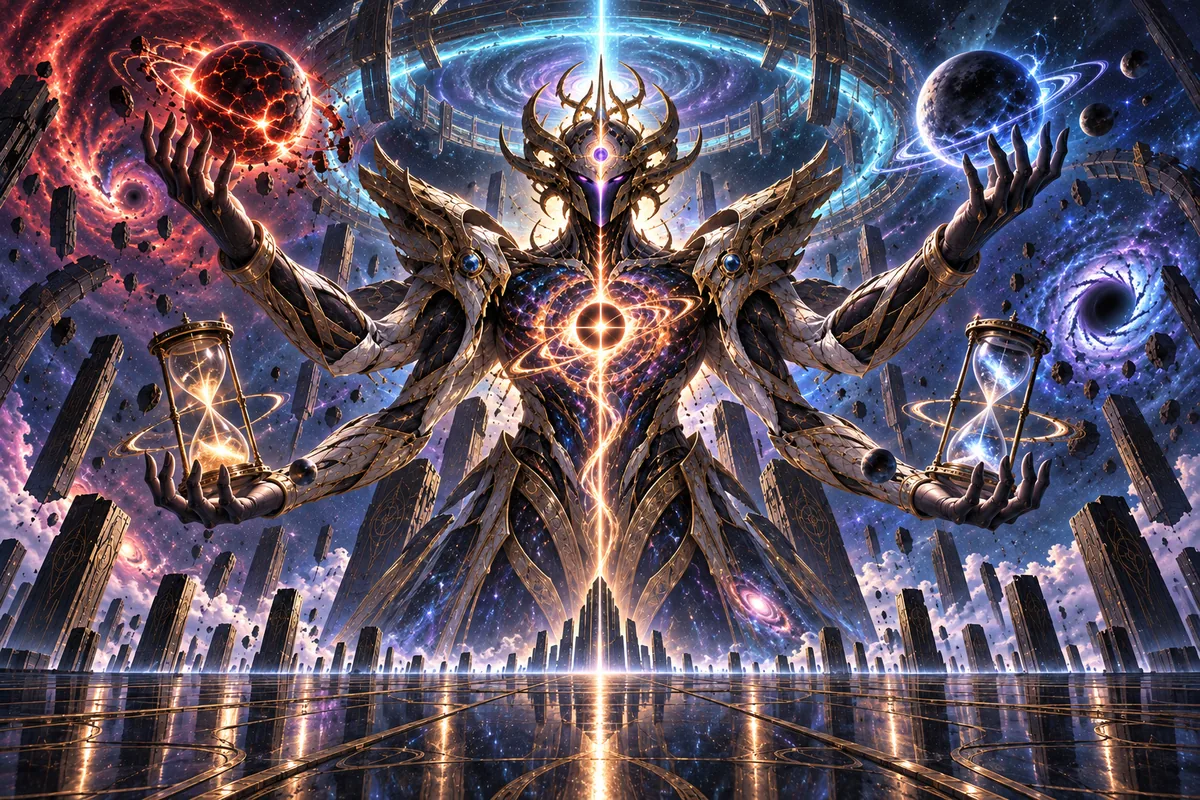 Four-armed Aevos stands above the reflective plane, holding world displays and hourglass-like instruments around a bright chest connection.