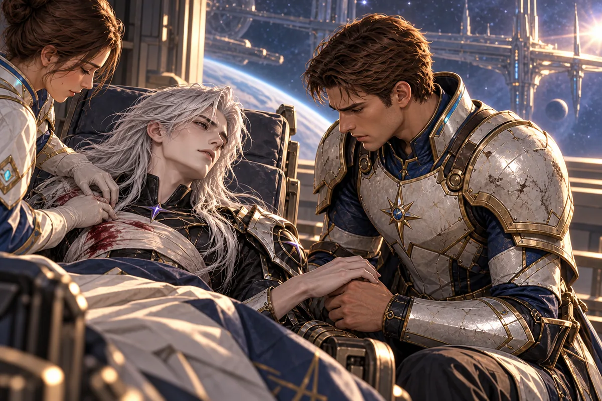 Kael rests in bed as Mira tends his chest dressing and Arin holds his bare hand during his recovery.