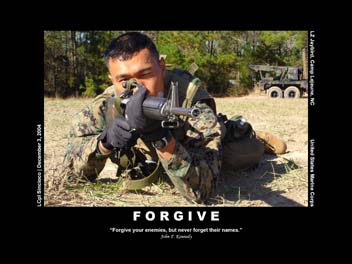 Archival Forgive poster showing a Marine wearing protective equipment