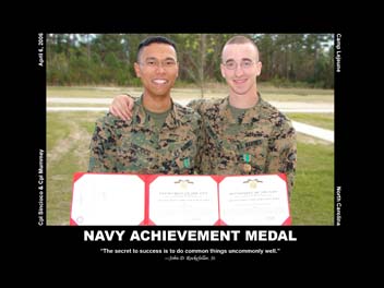 Archival poster showing two Marines with award certificates