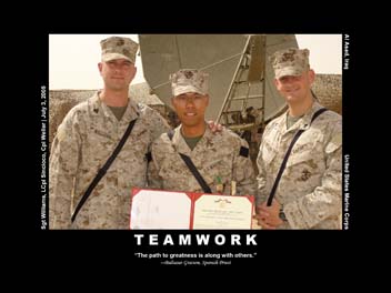 Archival Teamwork poster showing three Marines in uniform