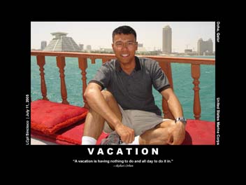 Archival Vacation poster showing Louiery seated outdoors