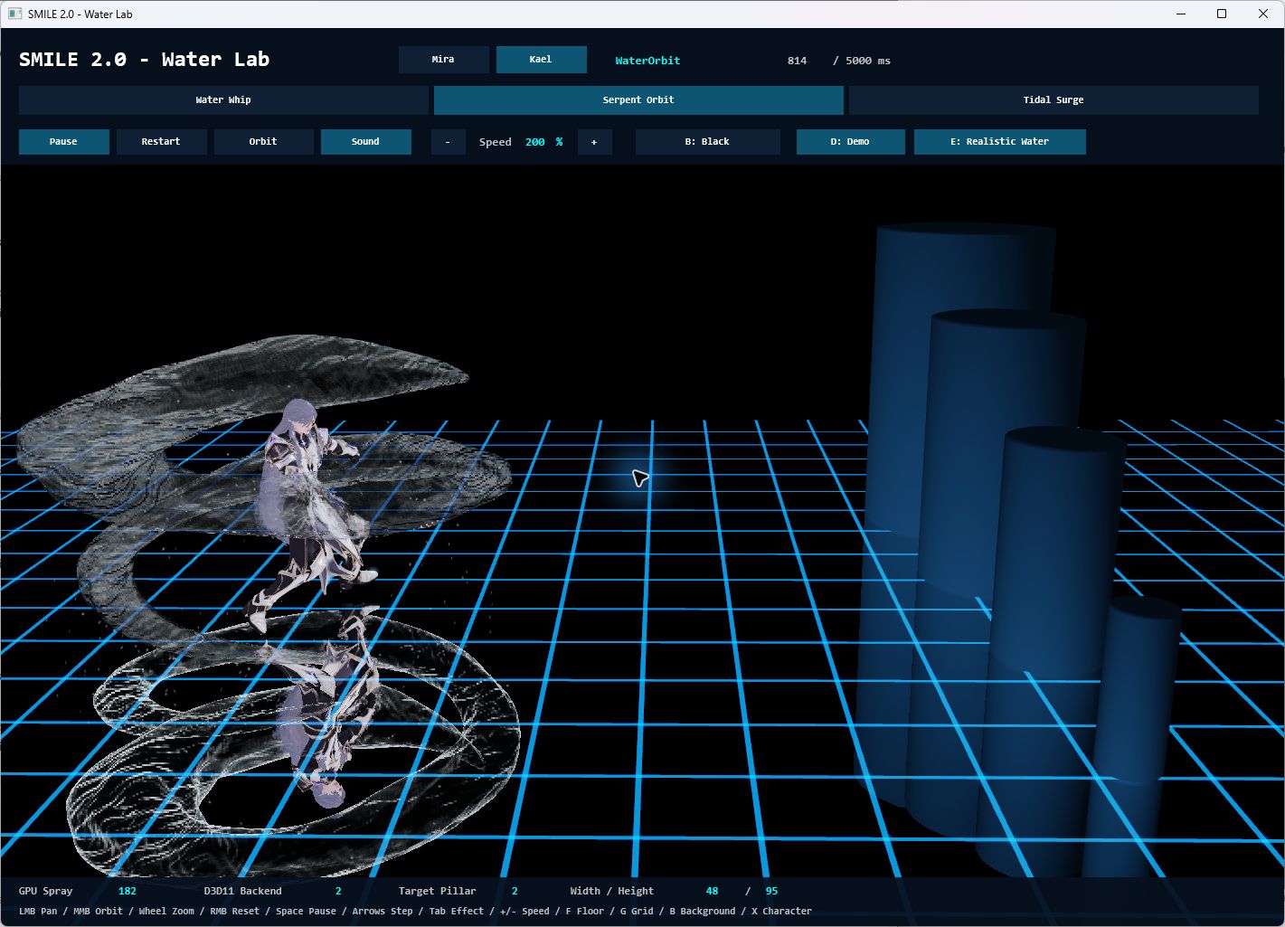 Reflective water coils around Kael during Serpent Orbit in the native SMILE 2.0 Water Lab.